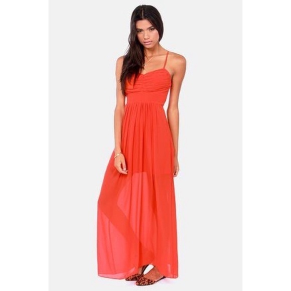 💕Lulu's💕 Pleats Don't Leave Red Coral Maxi Dress - Picture 2 of 12